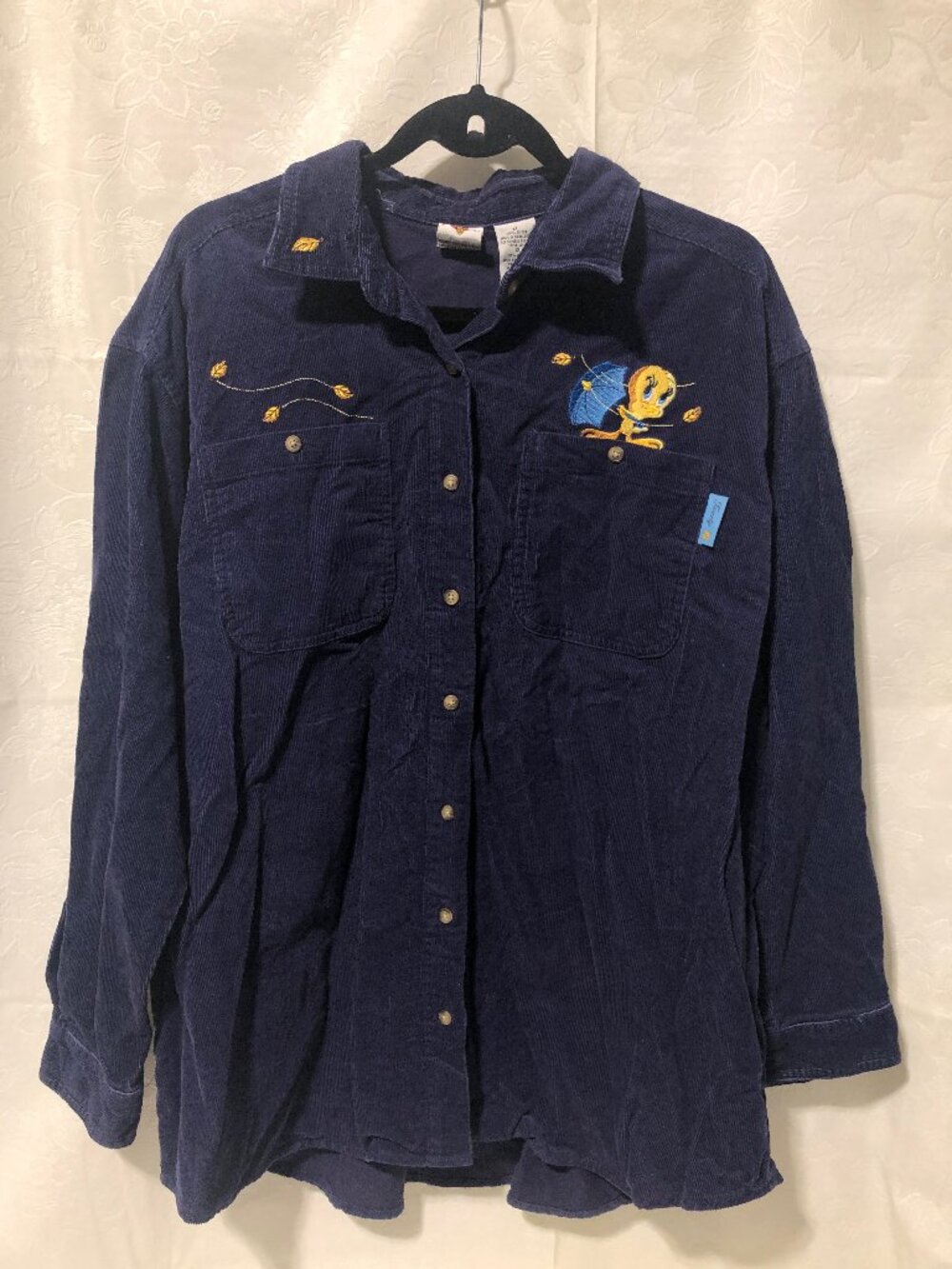 Vintage Tweety Bird Womens Corduroy Shirt Blue Button Up Cartoon XL NWT